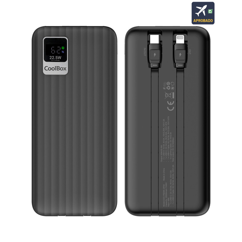 Powerbank DP20 20000MAH LCD+CAB USB-C+LIGHTING Negro Carga R | APLIUM