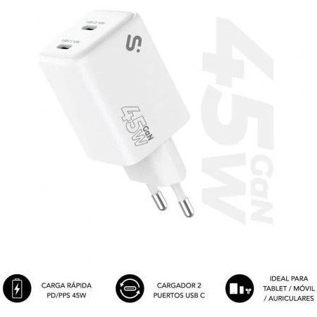 Cargador de Pared GaN Subblim 45W Charger USB C+C/ 2xUSB Tip | APLIUM