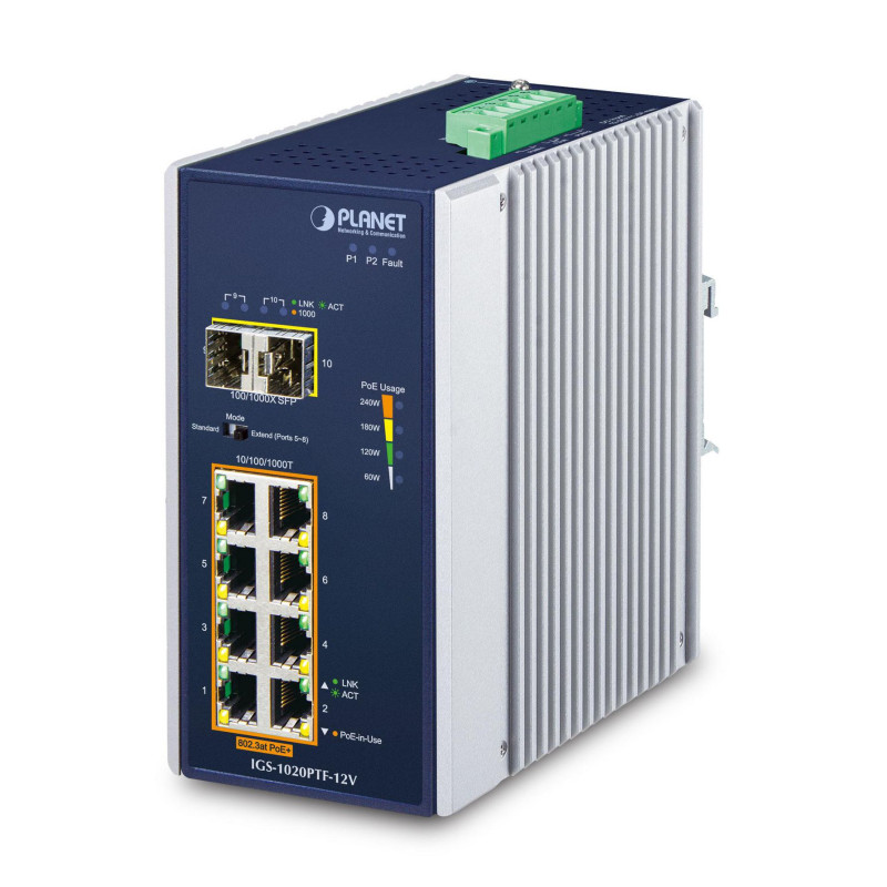 PLANET - IP30 Ind 8-P 10/100/1000T - Ref. IGS-1020PTF-12V | APLIUM